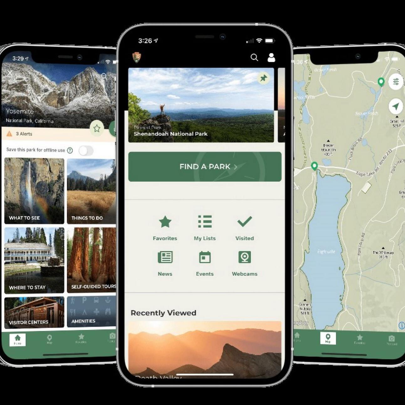 Three smartphones side by side with different app screens on them.
