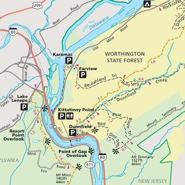 A map of the trails in the Delaware Water Gap area.