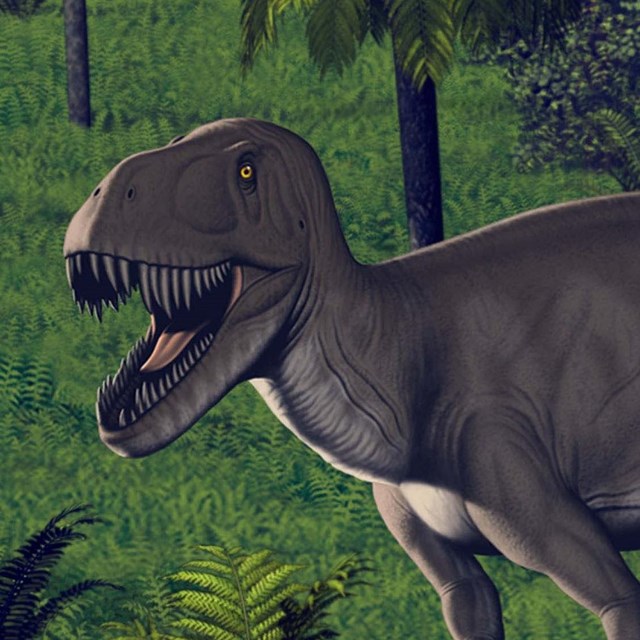 An artist depiction of Torvosaurus tanneri, a large predatory dinosaur with sharp teeth.