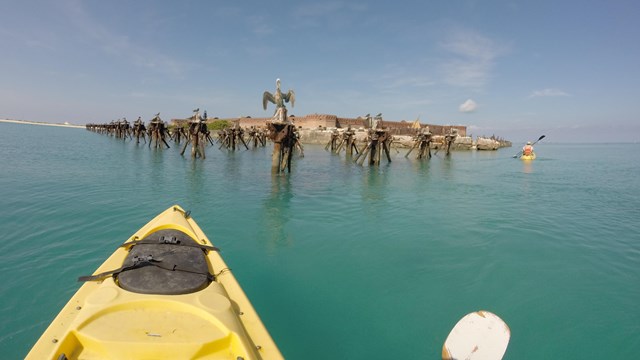 Pilings of a pier and a sea wall