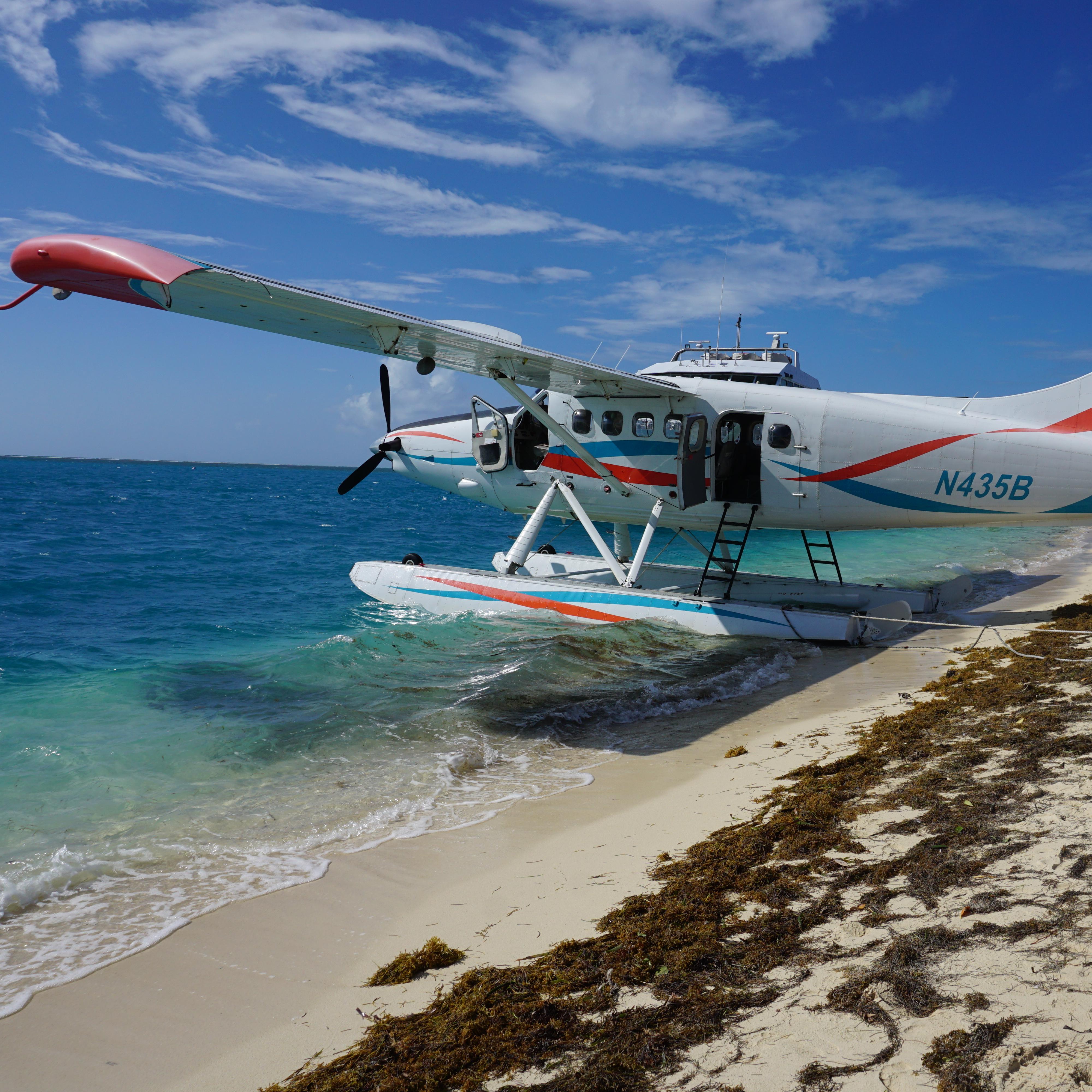 A seaplane resting on sand and water