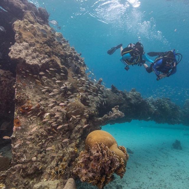 Two divers swim by the underwater Windjammer Wreck.