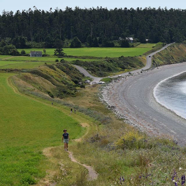 hiker climbs bluff trail with ocean in the background