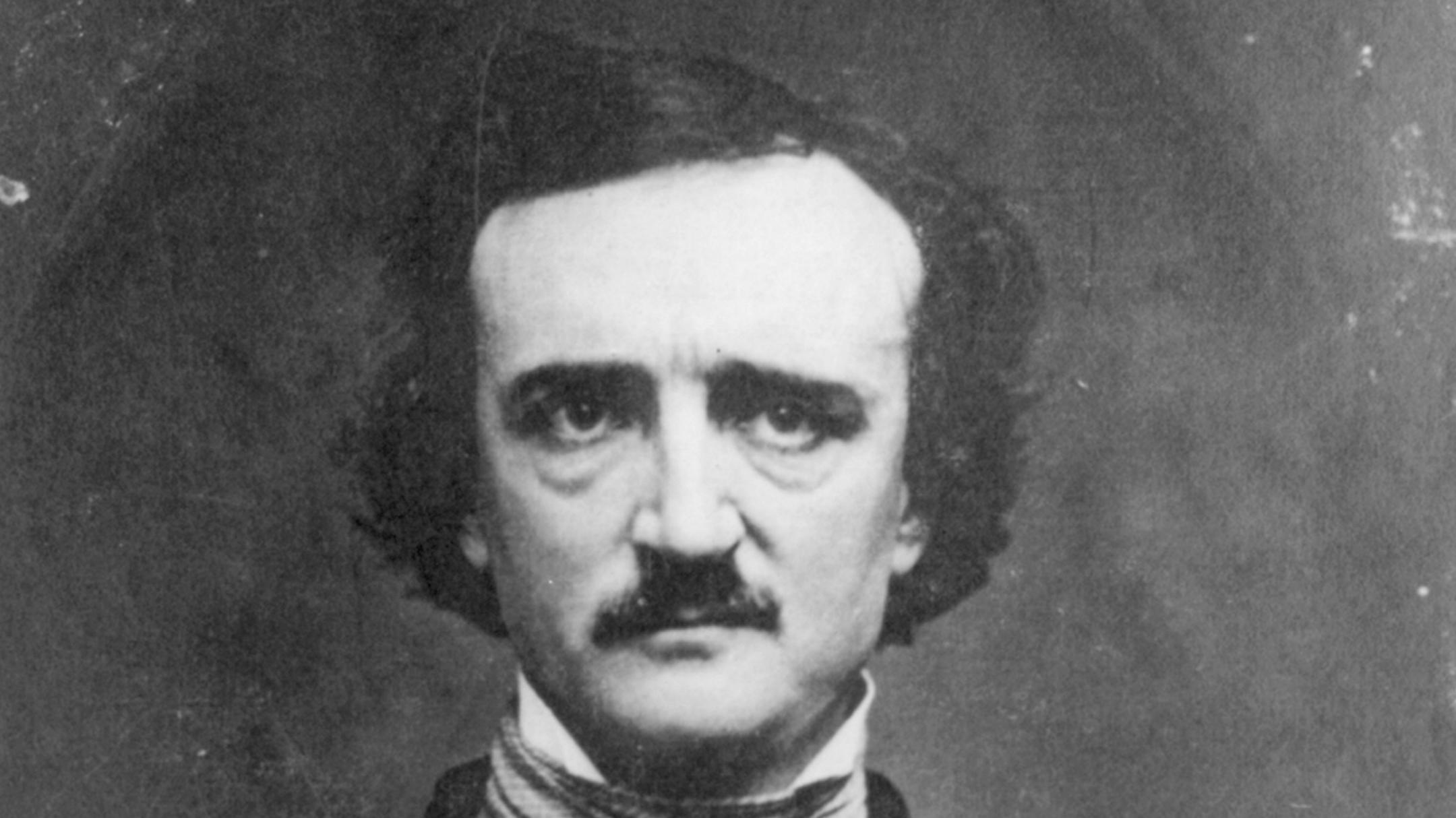 Color image of a detail of a bronze bust of Edgar Allan Poe.