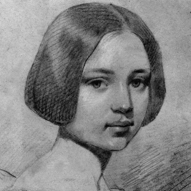 Black and white illustration of a young girl with short, dark hair.