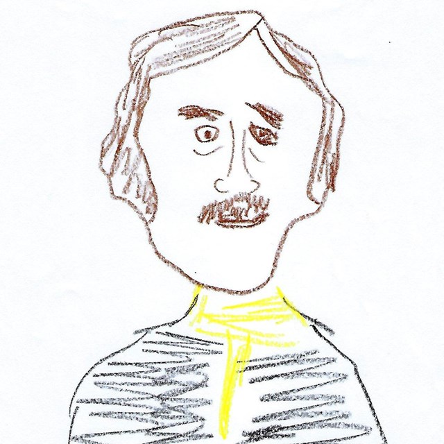 Color illustration in crayon of a man with brown hair, close-set eyes, and a bushy mustache.