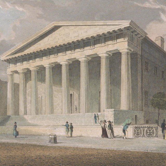 Color engraving showing pedestrians on the sidewalk in front of a Greek revival style building.