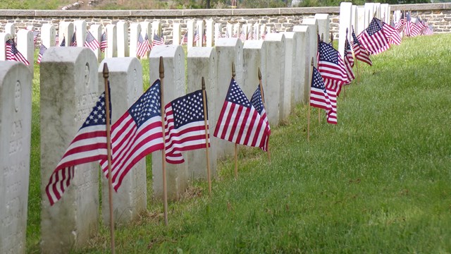 A color image showing American flags in front of white headstones