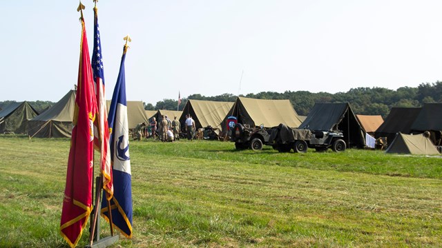 Several flags stand together in front of a field of green grass and army tents