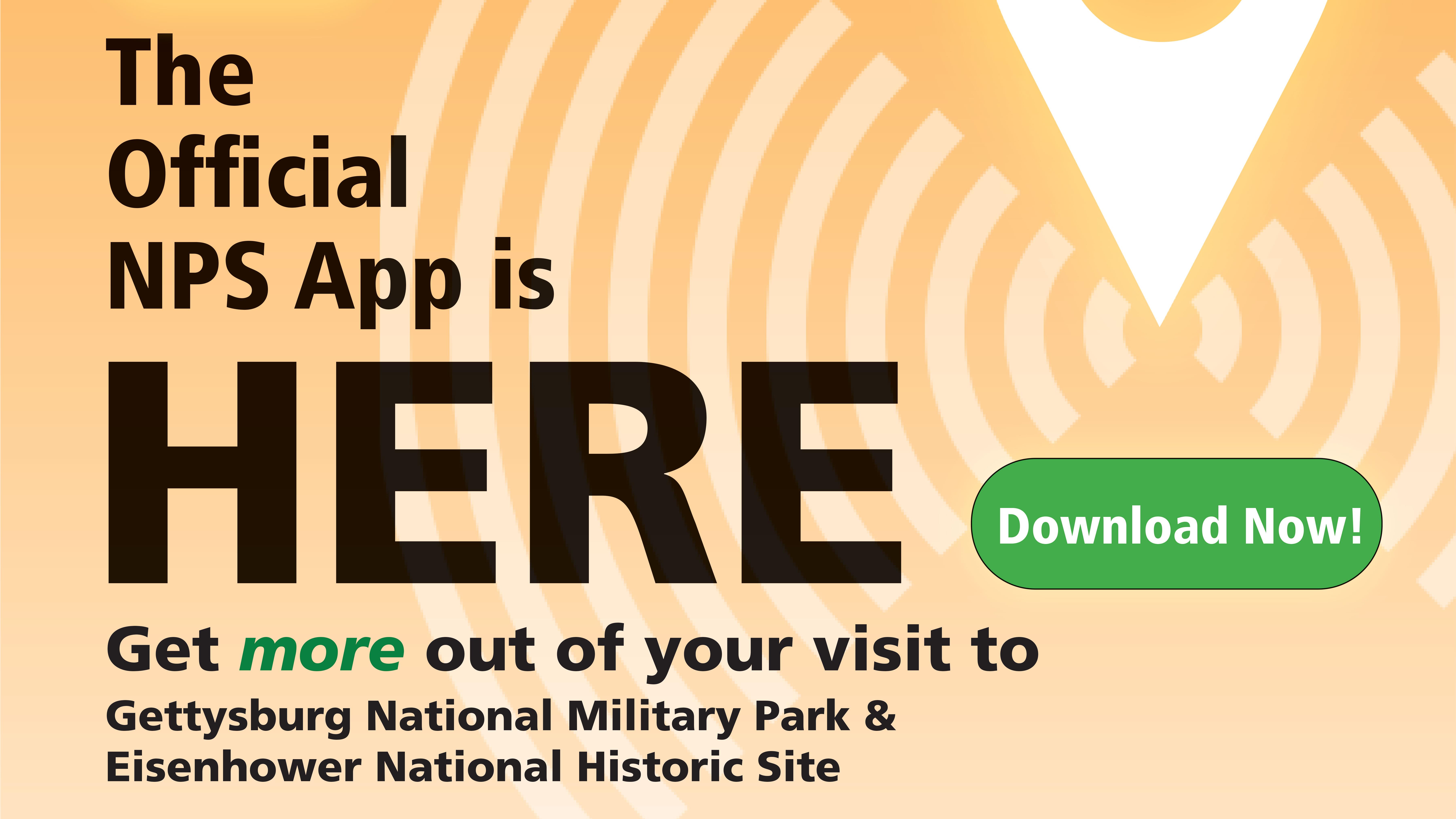 An orange and green poster describing how to download the National Park Service app with black text.