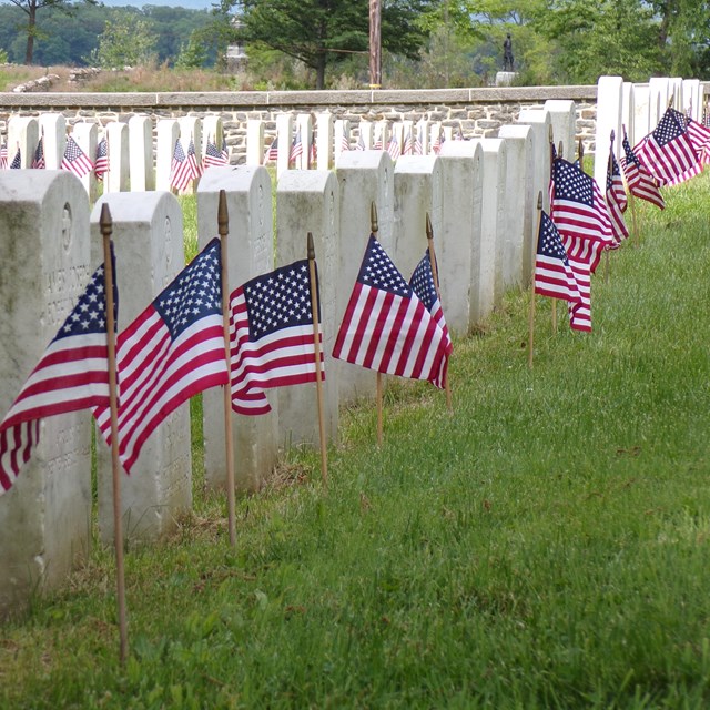 A color image showing American flags in front of white headstones
