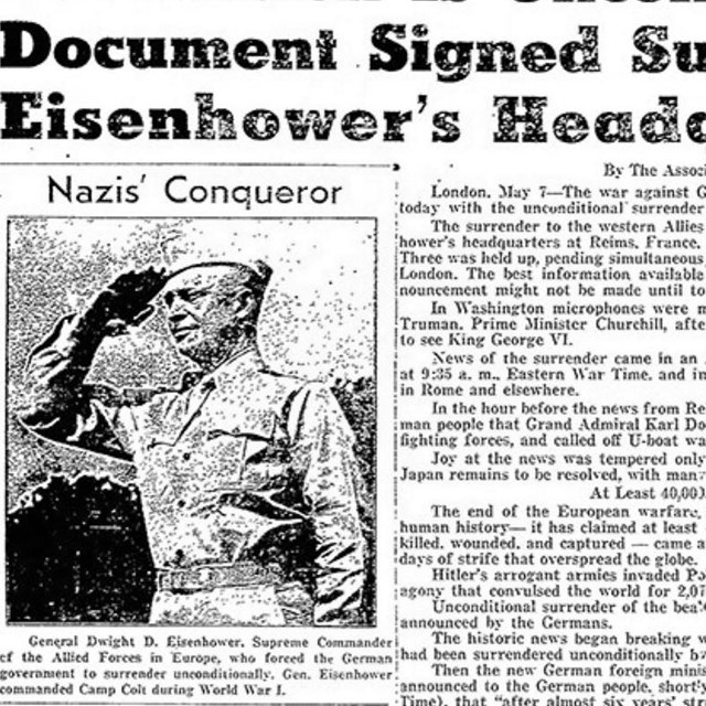 A black and white image of the Gettysburg Times newspaper headline for VE Day