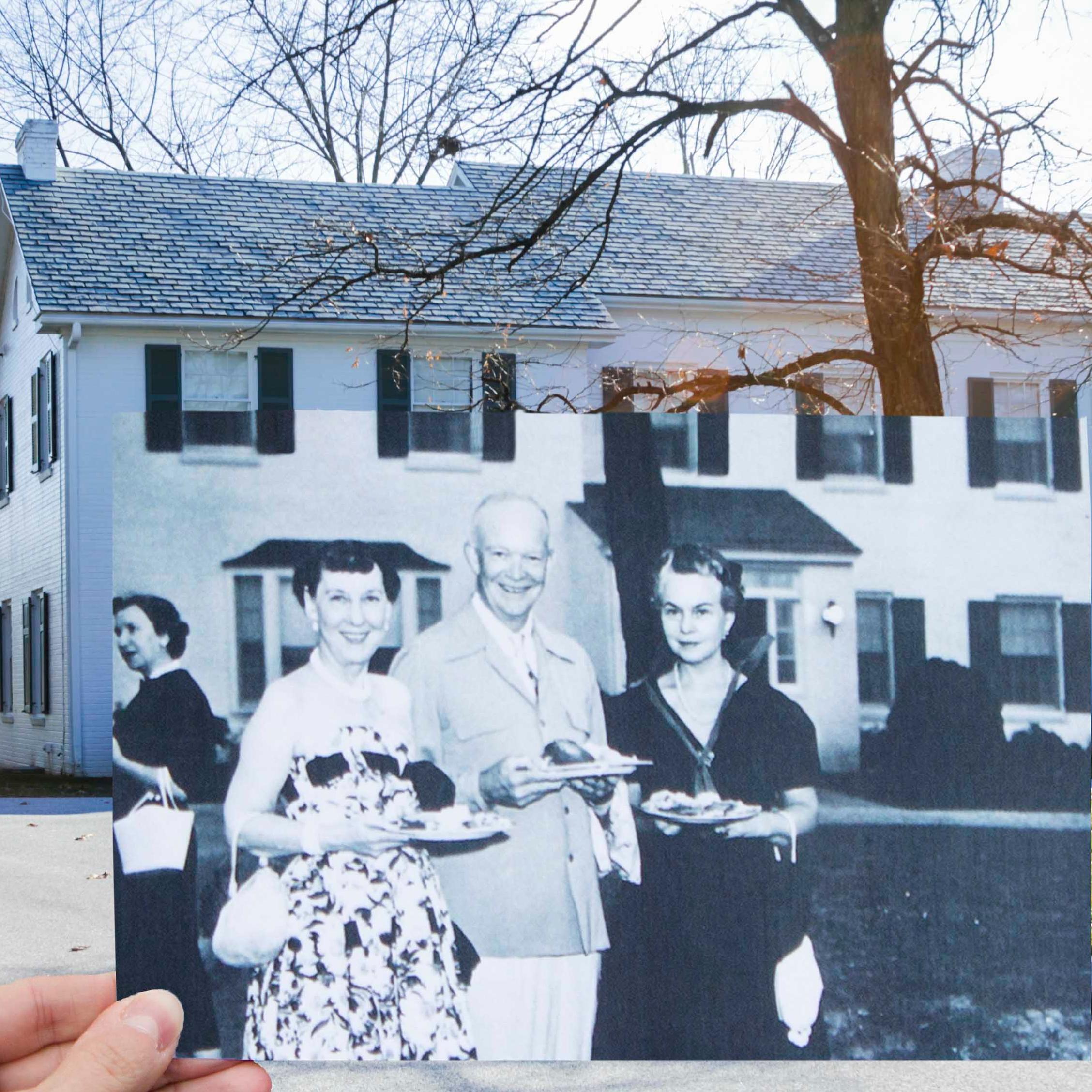 Old Photo of Ike and Mamie being held up by a volunteer inline with the Eisenhower house now.