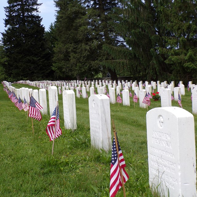 A color image showing headstones with American flags in front of them