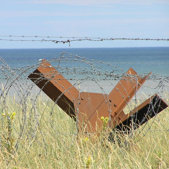A color image showing a rusted beach obstacle surrounded by grass, barbed wire, and water 