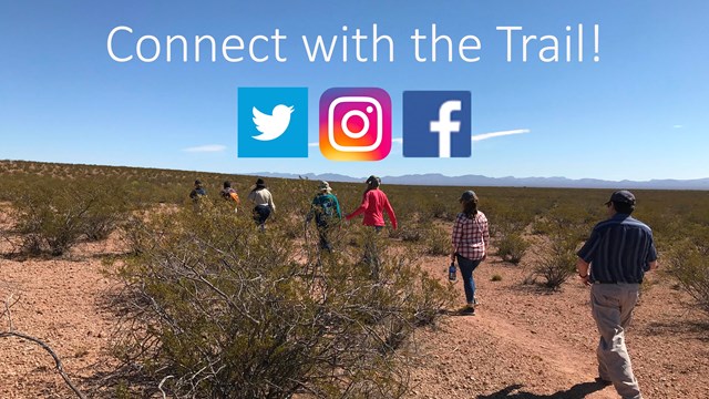 People walking down a trail in a desert setting with social media logos & "connect with the trail."