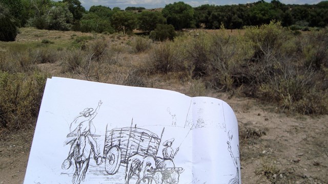 A sketchbook with a wagon train depicted is held while looking out at a forest of shrub-like trees.