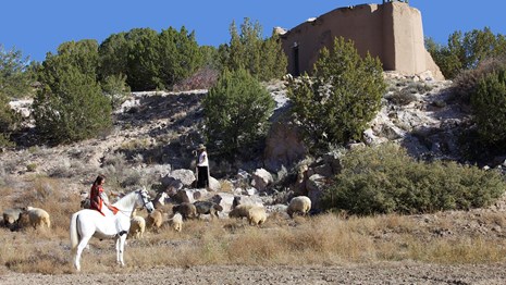 Grass in foreground, woman on white horse, sheep, sheep herder, church in background, blue sky