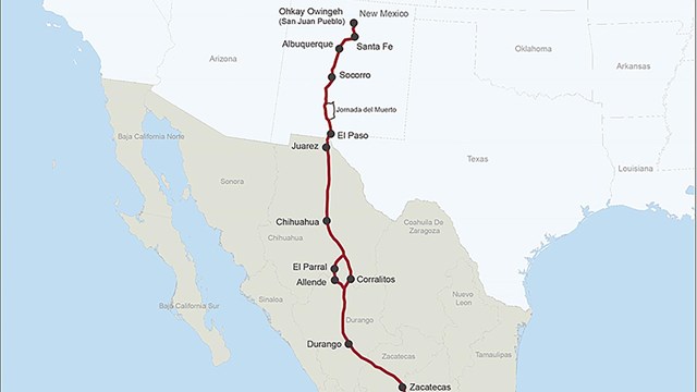 A map depicting a trail from Santa Fe south into Mexico.