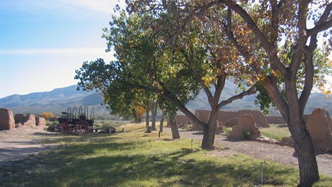 adobe fort ruins, cottonwoods, blue sky