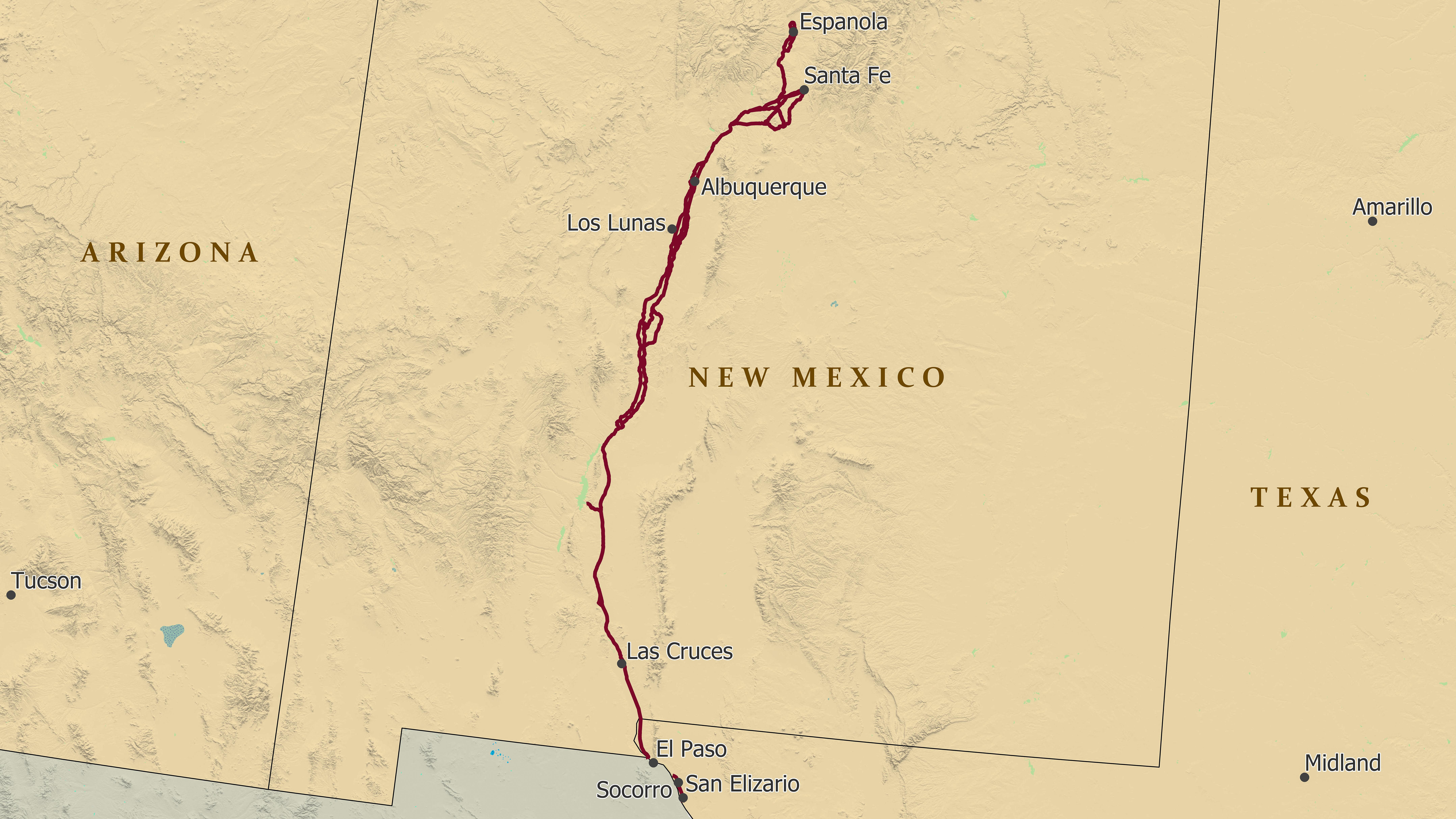 An image of a map of the southern USA & Mexico, depicting a trail from Santa Fe to Mexico City. 