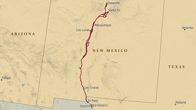 An image of a map of the southern USA & Mexico, depicting a trail from Santa Fe to Mexico City. 