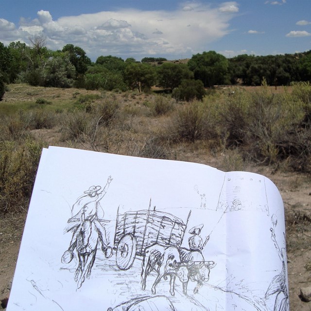 A sketchbook with a wagon train depicted is held while looking out at a forest of shrub-like trees.