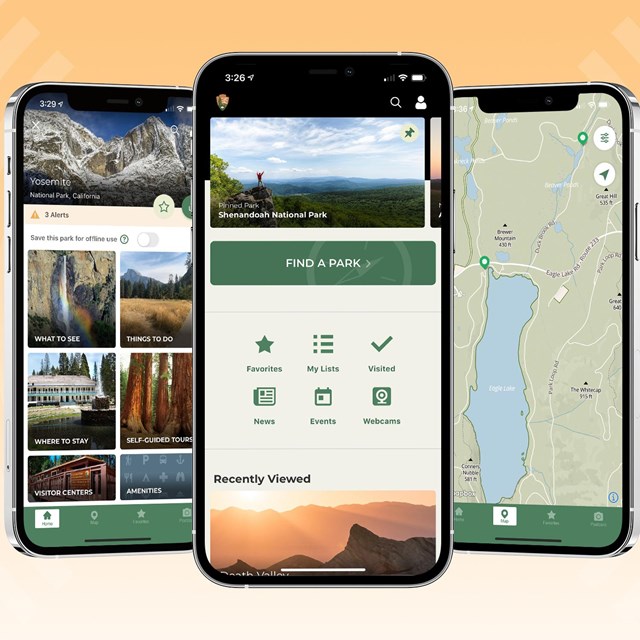 Mobile phones with their screens showing an app about the National Parks.