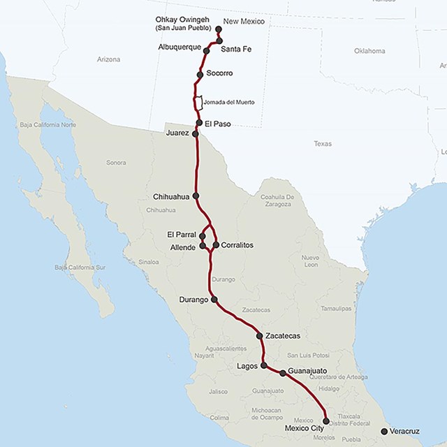 A map depicting a trail from Santa Fe south into Mexico.