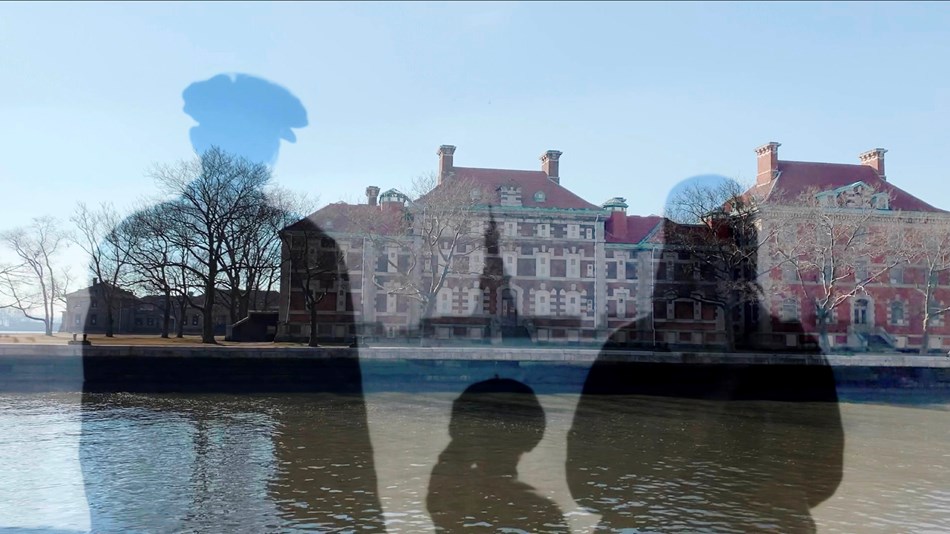 Silhouette of immigrants overlaid with view of hospital buildings across ferry slip
