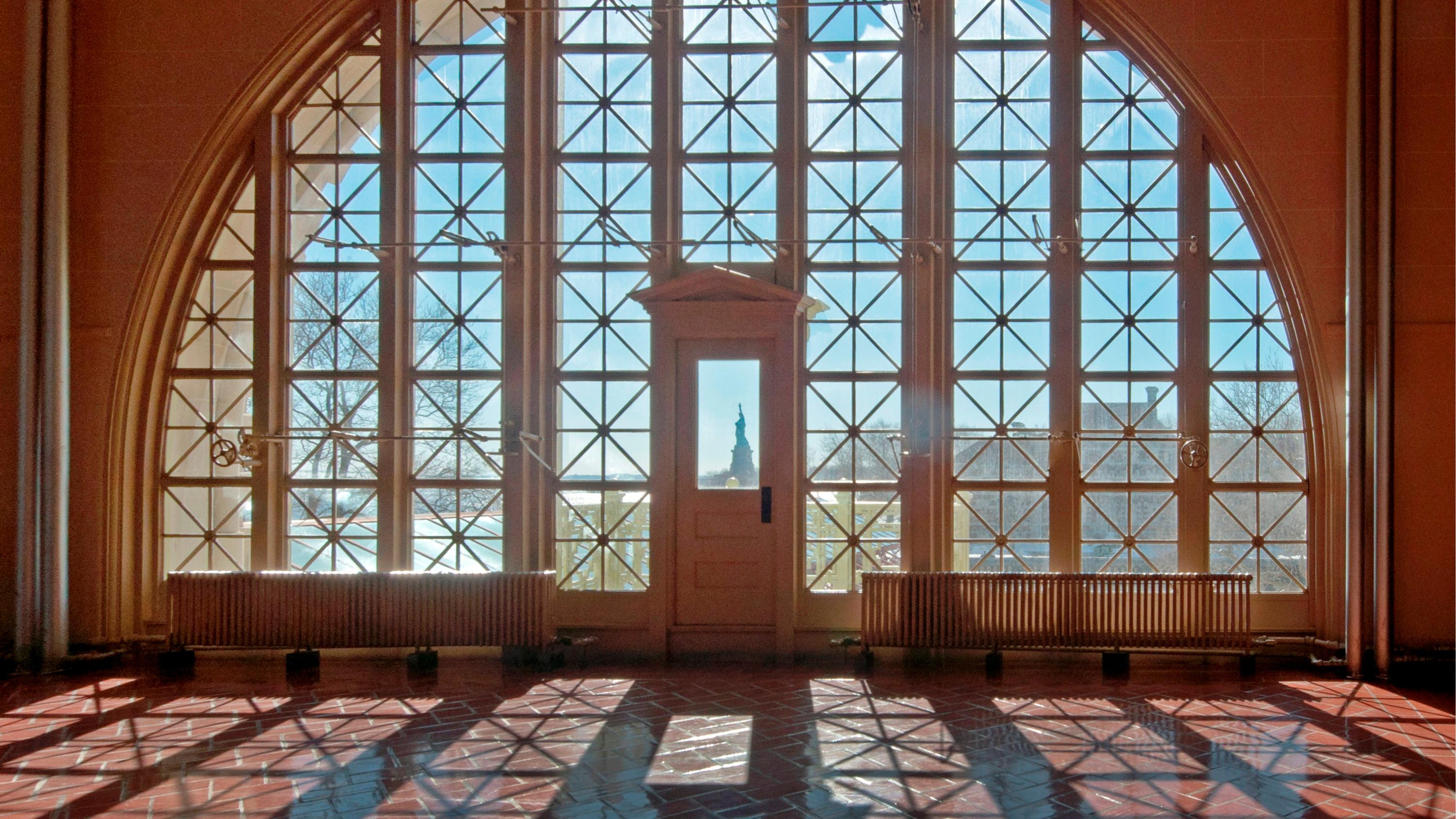 From the Great Hall of Ellis Island looking out to the Statue of Liberty