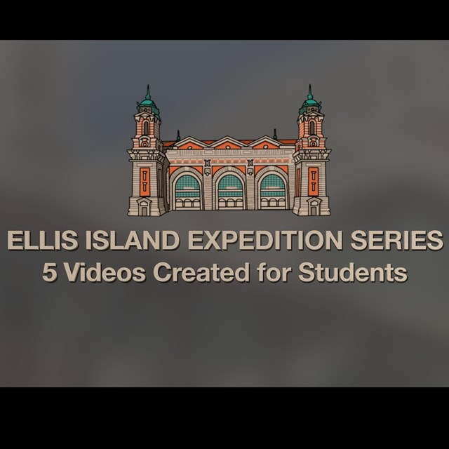 A graphic of the main building on Ellis Island with the text Ellis Island Expedition Series