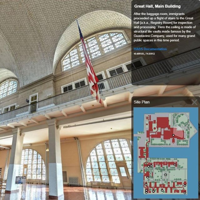 Registry room on Ellis Island showing ceiling, American Flag, windows, and mini map of floor plan.