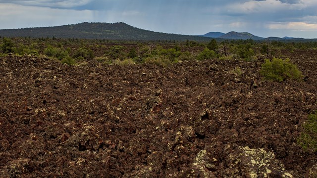 rubbly lava rock with a tree covered hill in the distance