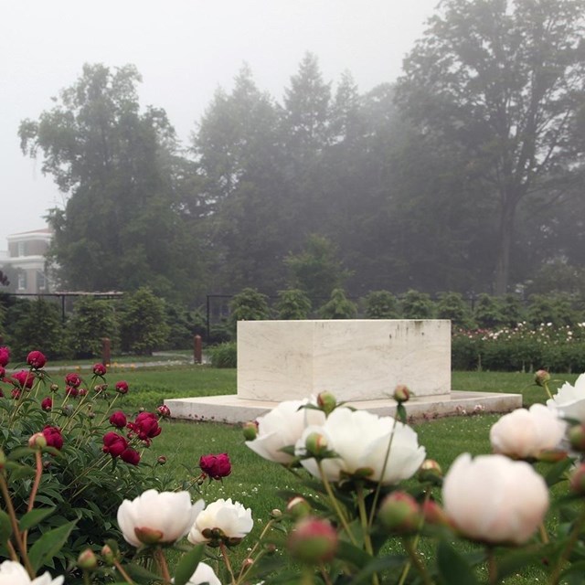 A white marble block in the center of a blooming garden.