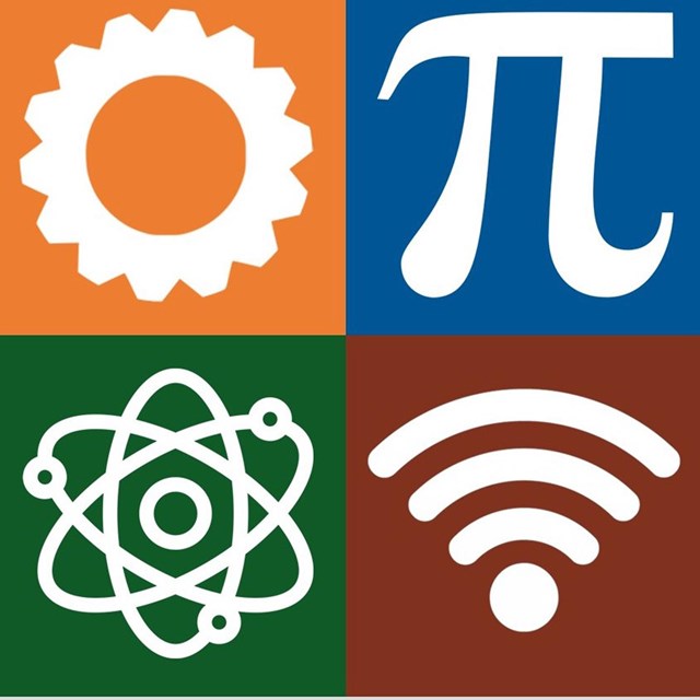 Stem logo with an atom, wifi symbol, the math symbol for Pi, and a gear.