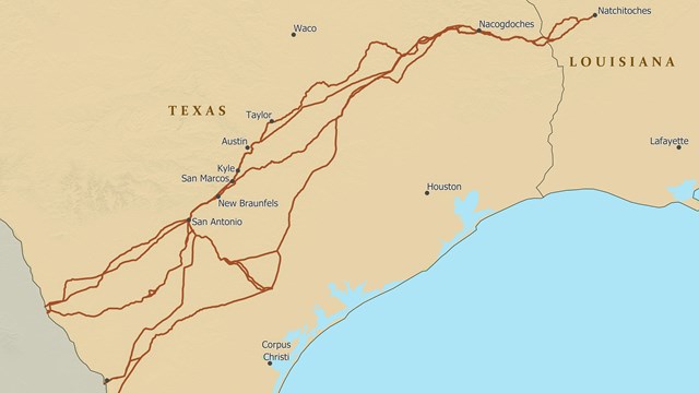 A map depicting the trail route from Nacogdoches to southwestern Texas and Mexico City.