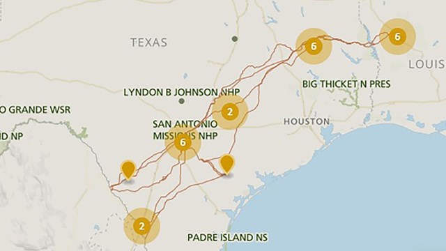 A map depicting a trail from western Louisiana, south through Texas, into Mexico.