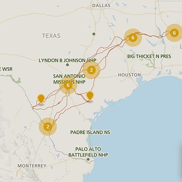 A map depicting a trail from western Louisiana, south through Texas, into Mexico.