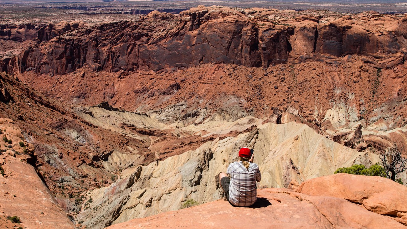 person looking out over desert canyon