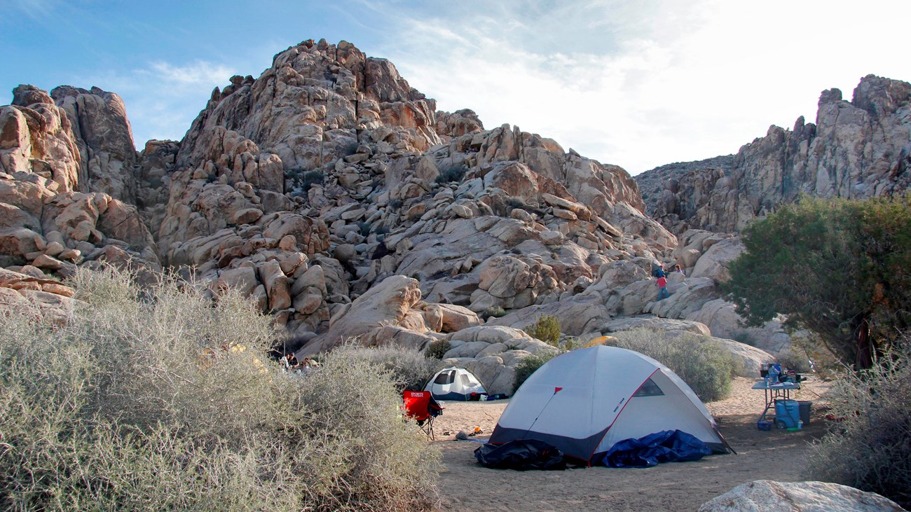 Carpas instaladas en un campamento con rocas grandes en el fondo.