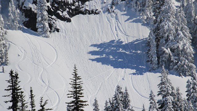 Surcos de esquí en la nieve.