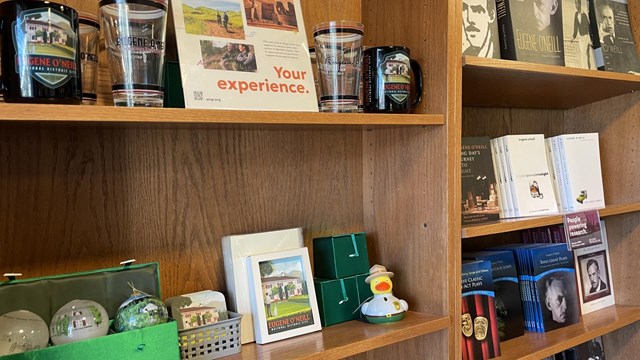 Books and mugs displayed on wooden shelves, featuring titles about Eugene O'Neill or related themes.