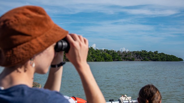 A person looks through binoculars while on a boat. An island is in the background.