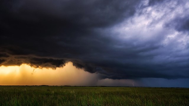 A deep purple raincloud over a grassy prairie at sunset