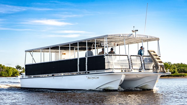 A large boat under a clear blue sky.