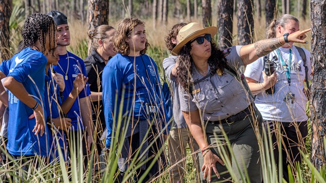 A ranger points up with students standing around her. They are standing by pine trees and shrubs.