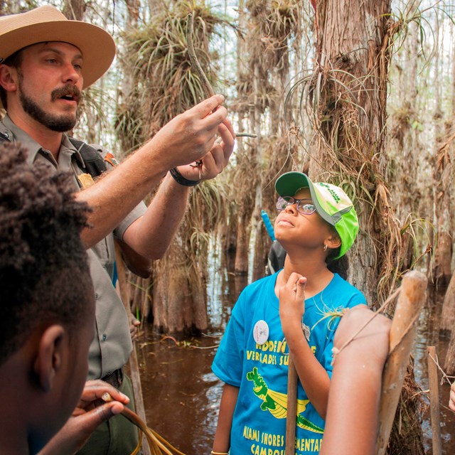 A ranger holds plants up, while students look, while standing in water and surrounded by trees