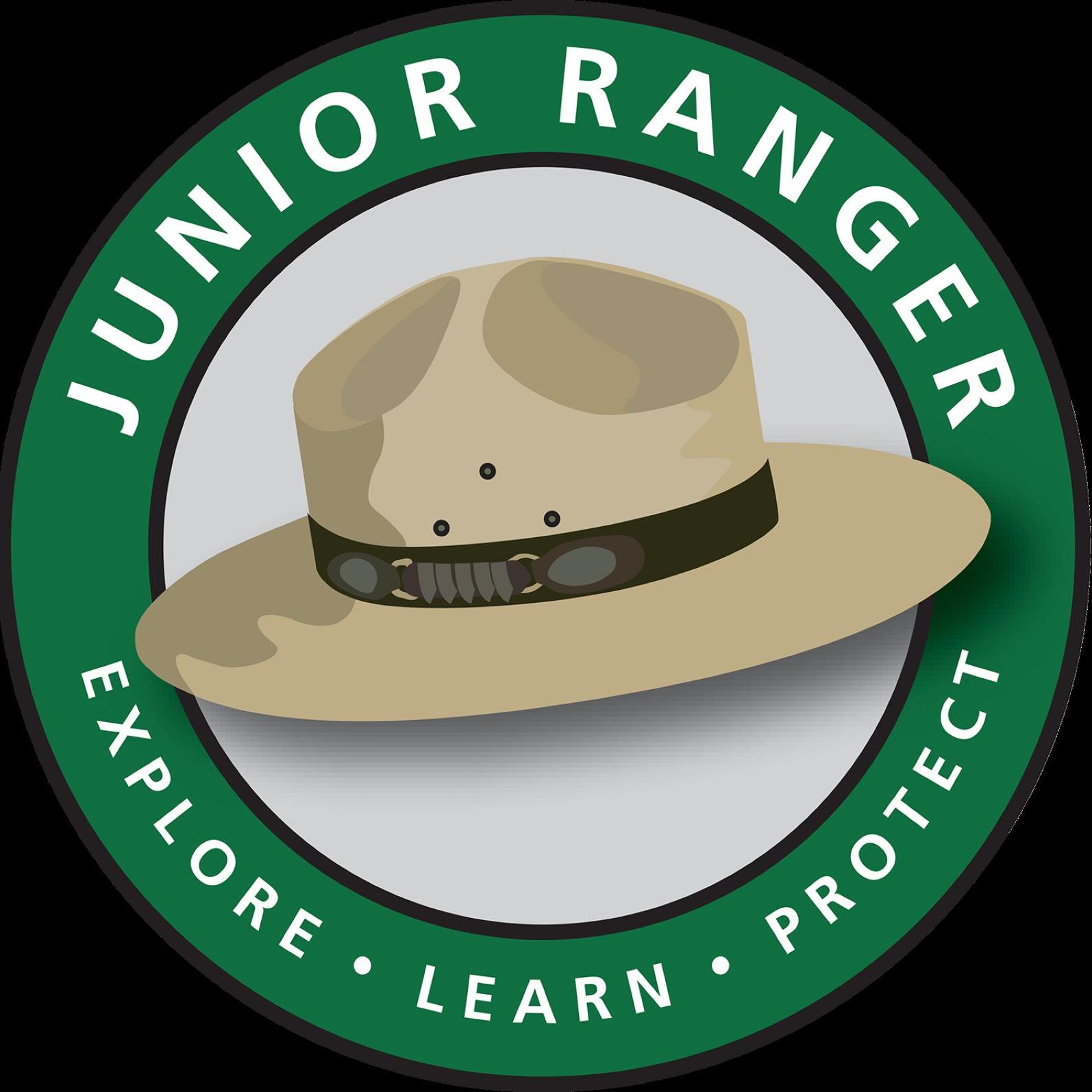 A park ranger hat in a circle that reads, 