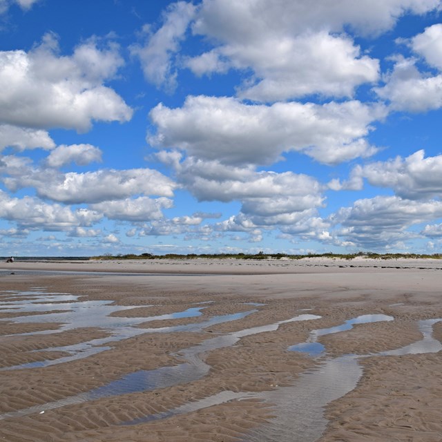 Beach with patterned sand and puffy clouds overhead.